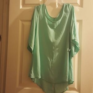 Trendy teal mint blue chiffon cold shoulder blouse
